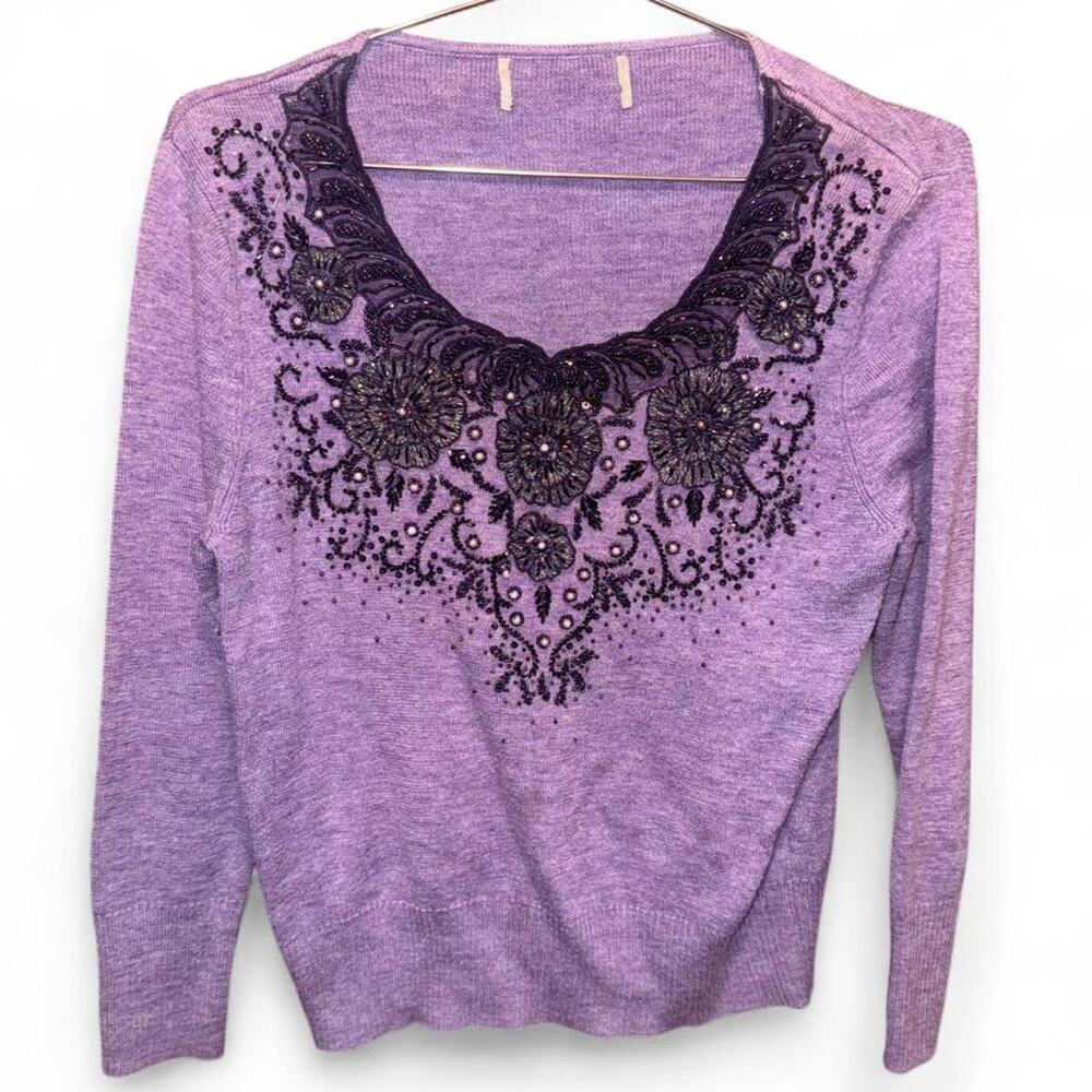 Vintage Y2K Purple Beaded Mesh Sweater Top Long Sleeve Fairycore Witchy Fall M